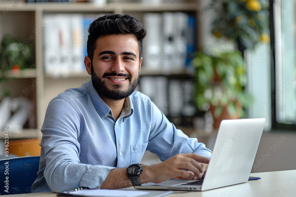 Man with a beard in his 30s wearing a white shirt in the office, working in the modern office, looking in the camera Man with a beard in his 30s wearing a white shirt in the office, working in the modern office, looking in the camera