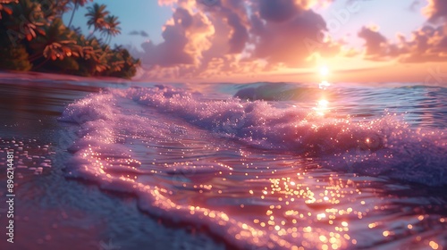 Fototapeta Naklejka Na Ścianę i Meble -  A hyper-realistic photograph of A tranquil beach scene with gentle waves lapping against the shore, palm trees swaying in the breeze, and a pastel-colored sky at sunrise, conveying relaxation 