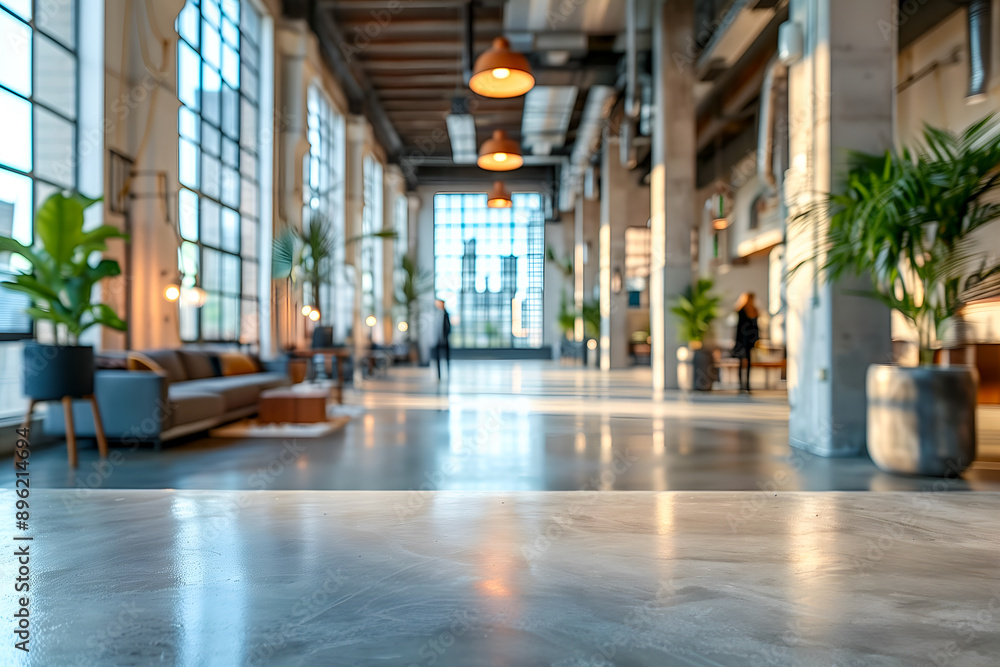 Comptoir en marbre vide au premier plan dans une grande salle moderne Comptoir en marbre vide au premier plan dans une grande salle moderne