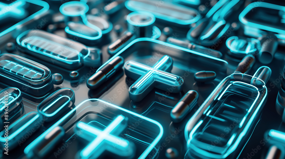 Close-up of various transparent, glowing medical capsules and pills with futuristic neon-blue light on a reflective surface. Close-up of various transparent, glowing medical capsules and pills with futuristic neon-blue light on a reflective surface.