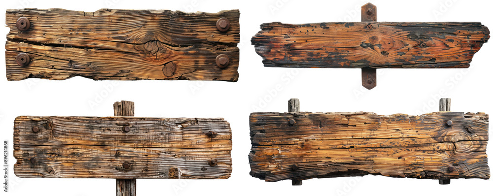 Fototapeta premium Set of rustic wooden planks showcasing unique textures and colors, ideal for backgrounds or signage.