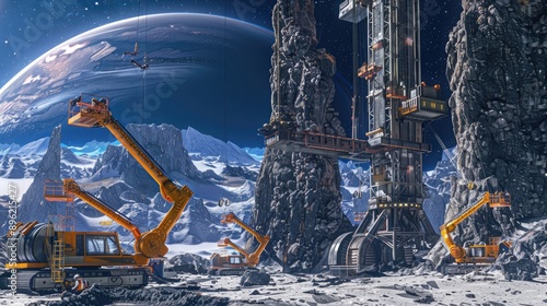 Fototapeta Naklejka Na Ścianę i Meble -  A space elevator under construction on the surface of a distant planet, with robotic arms assembling the massive structure.