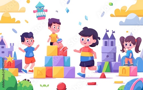 Colorful illustration of children playing with blocks in a fantasy playground with castles and toy figures, enjoying a fun, imaginative day.