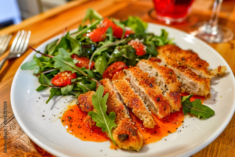 Grilled chicken fillet with arugula and tomato salad. Grilled chicken fillet with arugula and tomato salad.