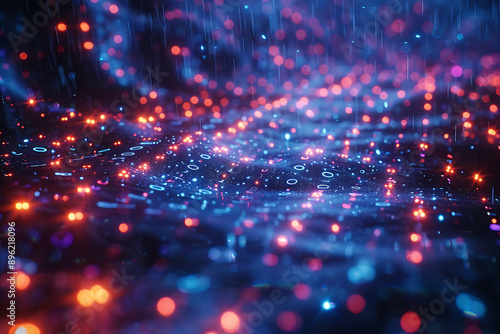 A binary background with dark blue and touches of neon highlights creating a technological and futuristic aesthetic