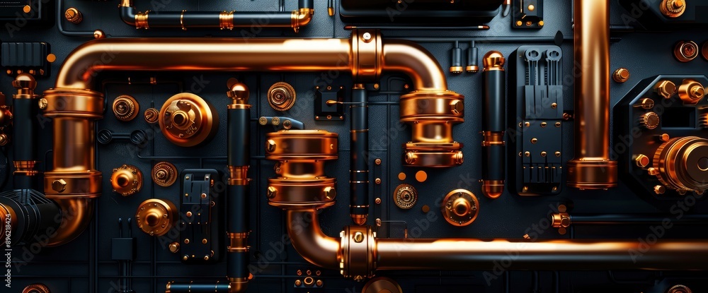 A Copper Pipe Maze On A Black Wall, Steampunk Style Background 3D Rendered Image, Showcasing Creativity And Complexity A Copper Pipe Maze On A Black Wall, Steampunk Style Background 3D Rendered Image, Showcasing Creativity And Complexity