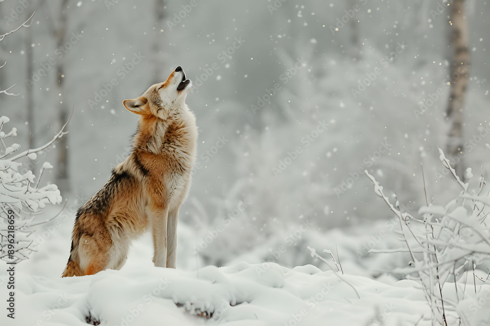 Obraz premium A majestic wolf howls in a snowy landscape, embodying the beauty of nature and wildlife in a serene winter setting.