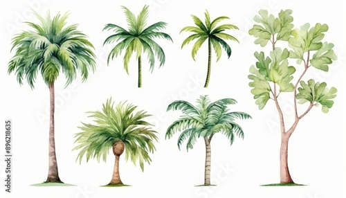 watercolor style illustration of tropical palm tree, collection set isolated on white background