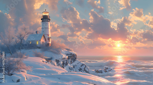 A stunning winter lighthouse view with snow and vibrant sunset, illuminating the serene coastal landscape.