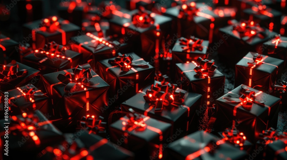 Obraz premium BLACK FRIDAY gift background on black , red ribbon, glowing present box, retail promotions, discount events and social media marketing Big sale offer.