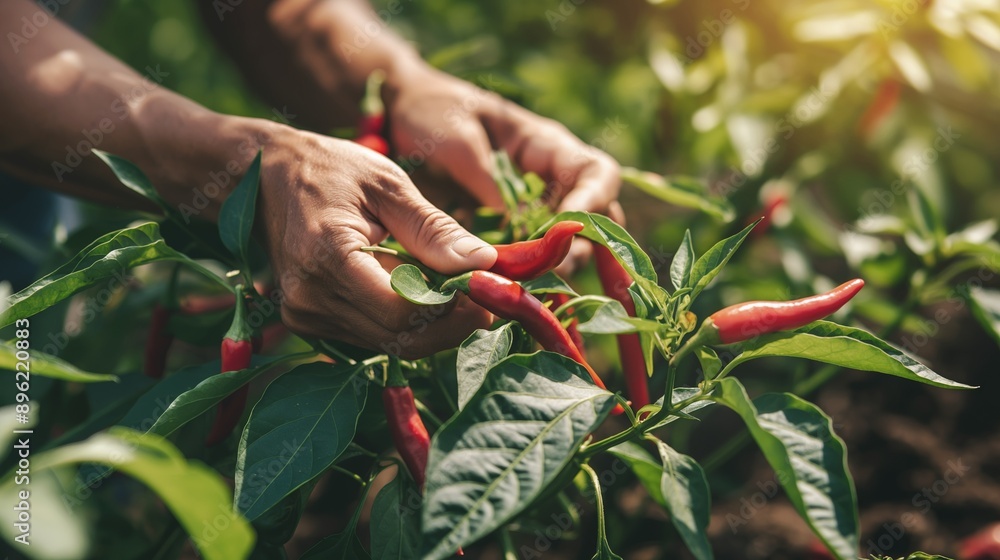 Φωτογραφία Closeup view of a person s hand carefully selecting vibrant red chili peppers from a thriving, green plant in a sunlit garden on a beautiful, sunny day