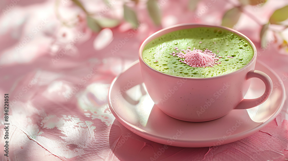 Pink matcha latte with powdered sugar. Generative by AI Pink matcha latte with powdered sugar. Generative by AI