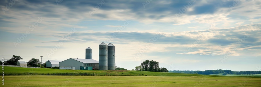 Tranquil rural landscape showcasing a charming barn and grain silos set against a picturesque backdrop of lush green fields under a partly cloudy sky Tranquil rural landscape showcasing a charming barn and grain silos set against a picturesque backdrop of lush green fields under a partly cloudy sky