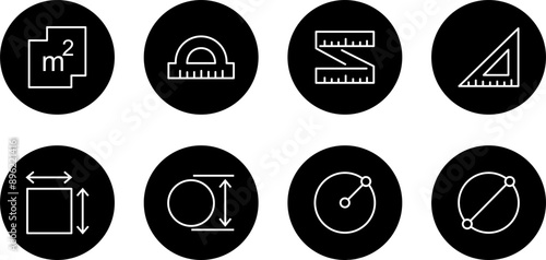 Measure Set of Vector Line Icons. Black Background. Editable Stroke. Vector Illustration.