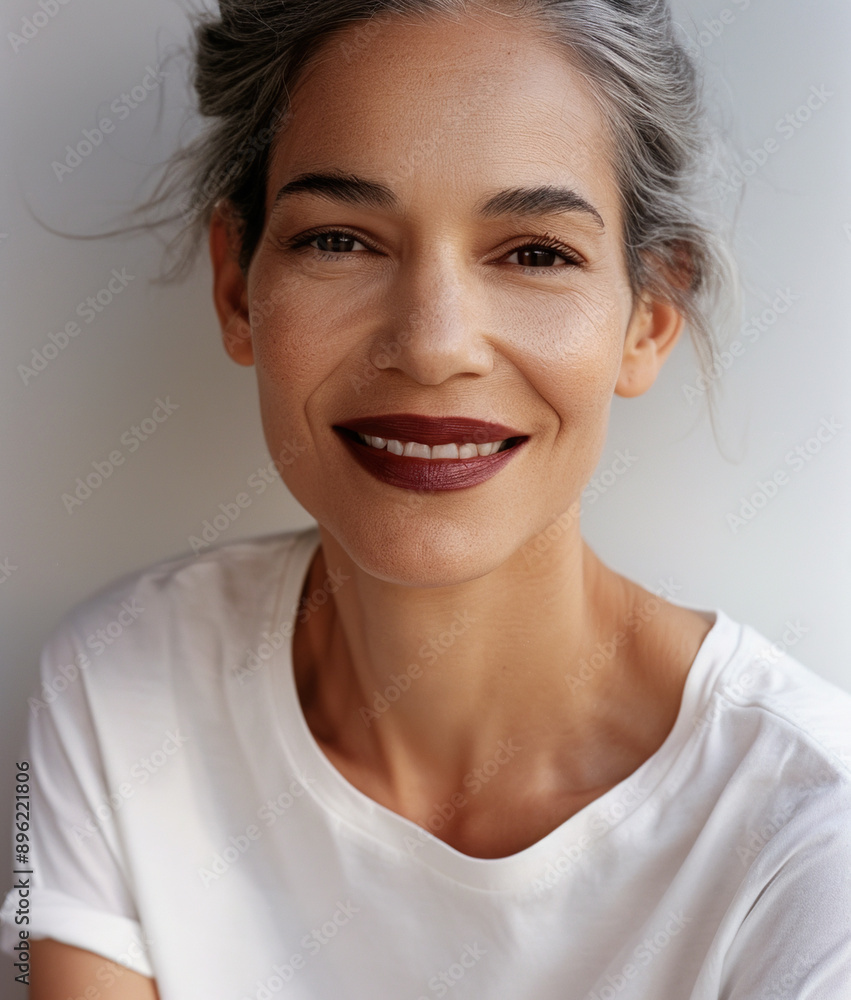 Portrait of beautiful natural mature woman in white t-shirt Portrait of beautiful natural mature woman in white t-shirt