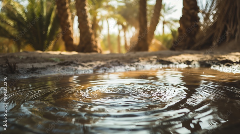 Small ripples form in a calm oasis pond surrounded by palm trees in the desert. The sunlight filters through the trees, casting a warm glow on the water and creating a serene atmosphere Small ripples form in a calm oasis pond surrounded by palm trees in the desert. The sunlight filters through the trees, casting a warm glow on the water and creating a serene atmosphere