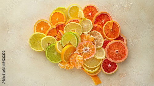 An artistic arrangement of citrus fruits shaped like a brain, highlighting the benefits of vitamin C and healthy eating.