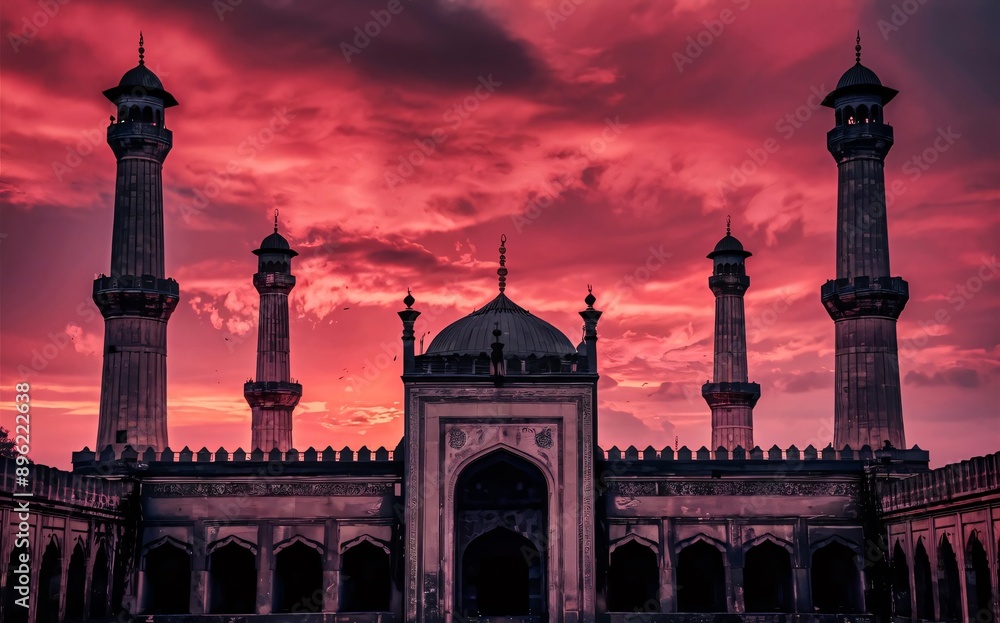 Fototapeta premium A serene mosque with its minarets silhouetted against a sunset