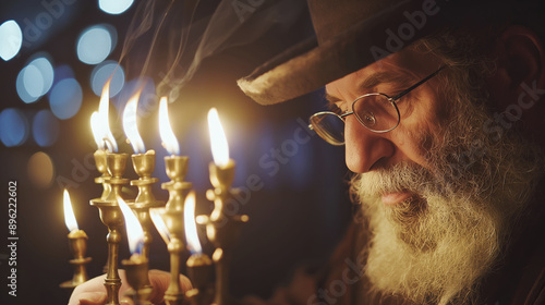 Jewish rabbi with a beard and glasses lighting a menorah in a dimly lit synagogue. The warm candlelight and his focused expression create a serene and spiritual atmosphere