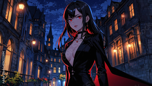 Sensual body sexy anime woman cat walk vampire at night dressed black