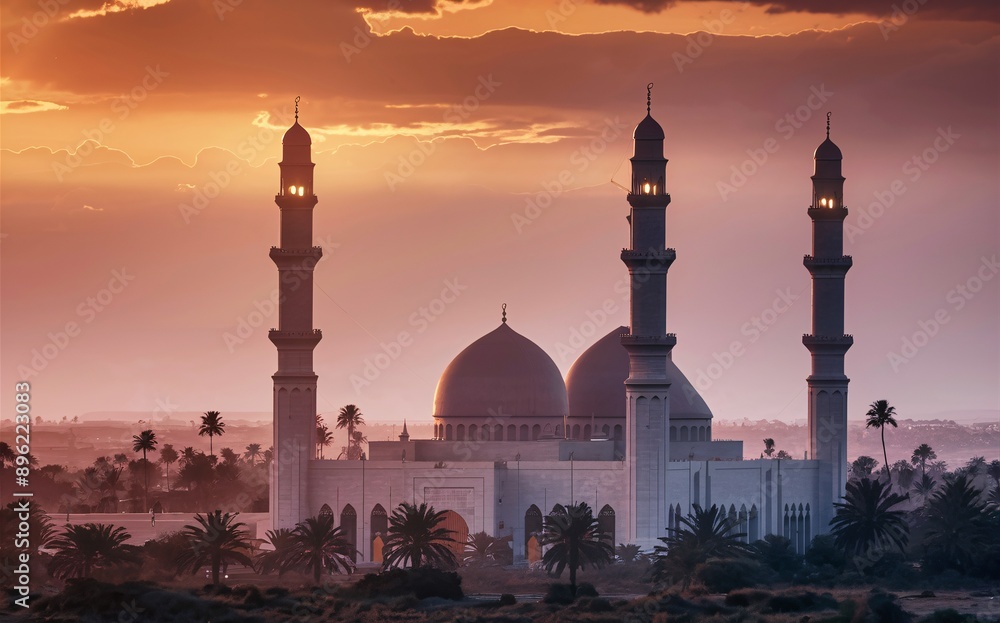Naklejka premium A serene mosque with its minarets silhouetted against a sunset