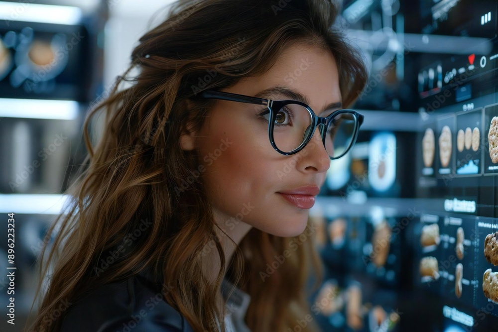 Beautiful woman with eyeglasses and a well-groomed beard man using holographic screens to assist in baking cookies in a futuristic kitchen. Beautiful woman with eyeglasses and a well-groomed beard man using holographic screens to assist in baking cookies in a futuristic kitchen.