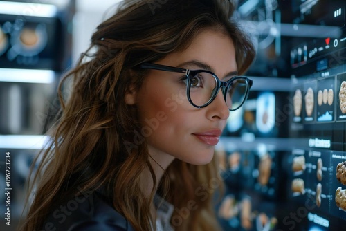 Beautiful woman with eyeglasses and a well-groomed beard man using holographic screens to assist in baking cookies in a futuristic kitchen.