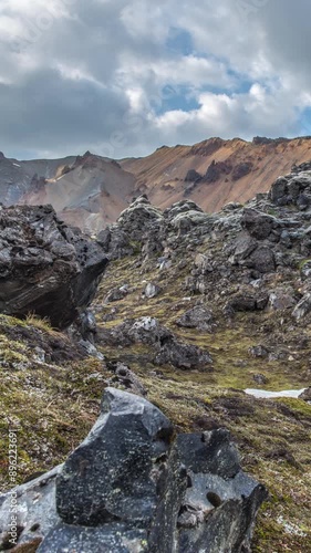 Surreal volcanic landscape of Landmannalaugar Iceland vertical sliding shot photo