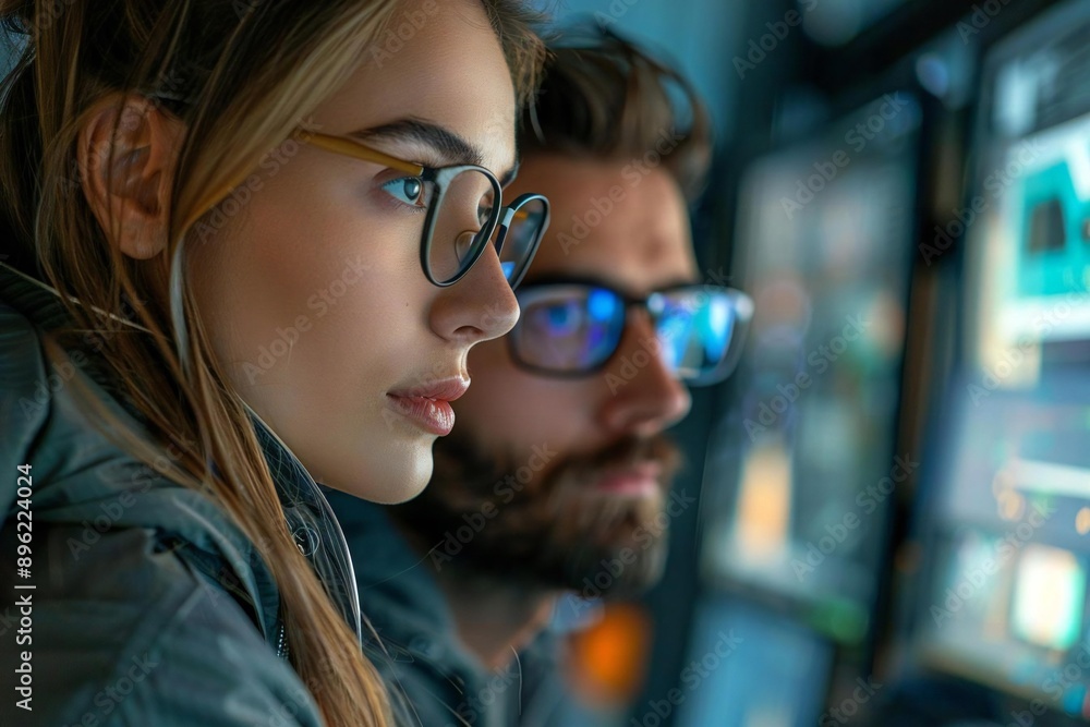 Beautiful young businesswoman wearing stylish eyeglasses and a well-groomed beard man working together on holographic screens with AI technology in a futuristic office setting. Beautiful young businesswoman wearing stylish eyeglasses and a well-groomed beard man working together on holographic screens with AI technology in a futuristic office setting.