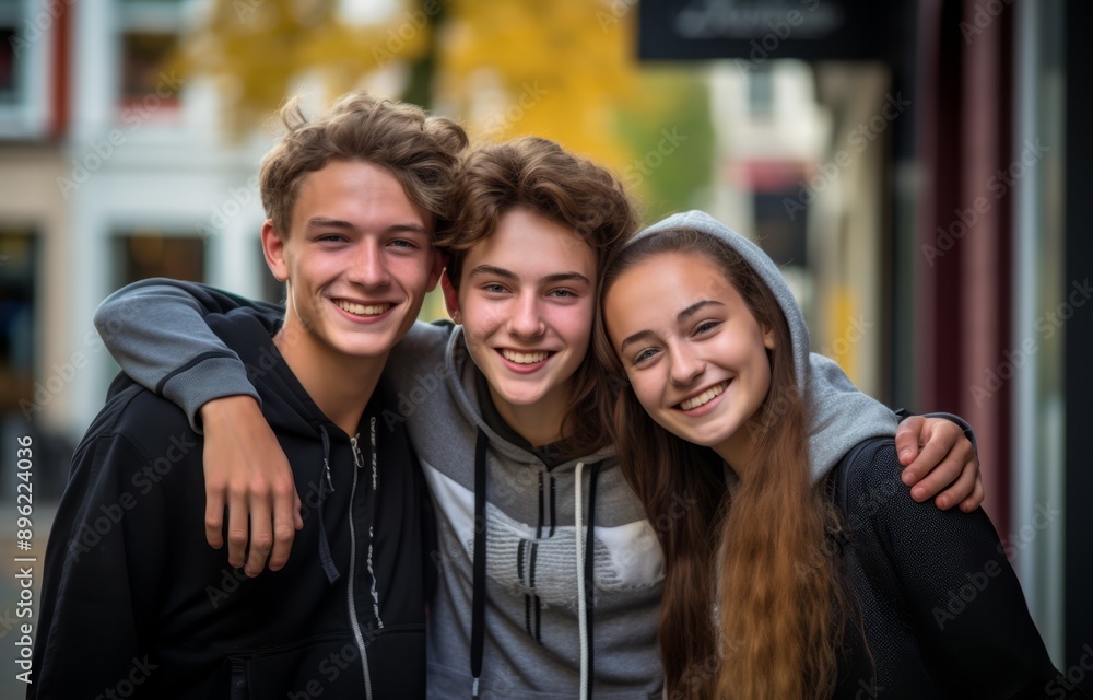 group of happy young teenage smile and laughing taking photo together on city street during mid term vacation group of happy young teenage smile and laughing taking photo together on city street during mid term vacation