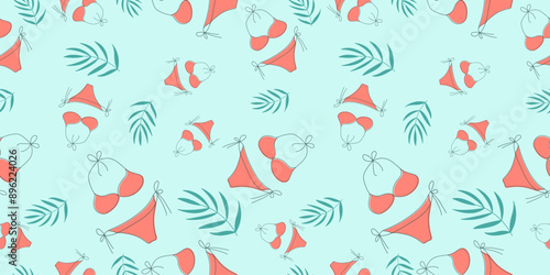 Seamless pattern with tropical summer elements on blue background for fabric, drawing labels, print on t-shirt, wallpaper of children's room, vacation, holiday or summer design.	