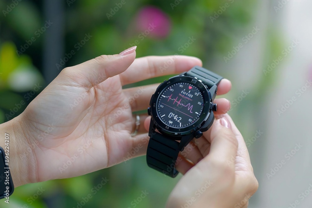 beautiful woman's hand with a smart watch and mobile phone displaying heart beat rate and sleep data. beautiful woman's hand with a smart watch and mobile phone displaying heart beat rate and sleep data.