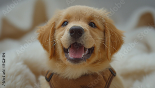 Filhote de Golden Retriever Feliz com Colete Guia em Fundo Branco com Luz Natural, IA Generativa photo