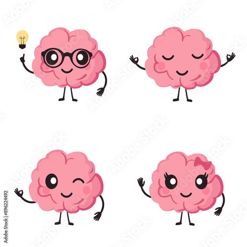 Set of cute happy bundle of brains.Vector flat drawing cartoon character.
