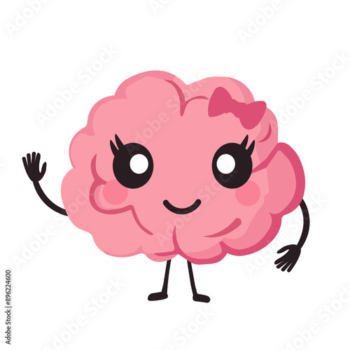 Cute happy brain illustration. Flat cartoon design of human organ mascot icon. Nutrition, brain training, mind care, mindfulness, healthy.