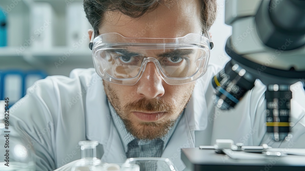 A specialist in the examination of biological material at work in an equipped office wearing overalls. Science or healthcare theme. Microbiology pharmaceutical research. Design for cover or brochure. A specialist in the examination of biological material at work in an equipped office wearing overalls. Science or healthcare theme. Microbiology pharmaceutical research. Design for cover or brochure.