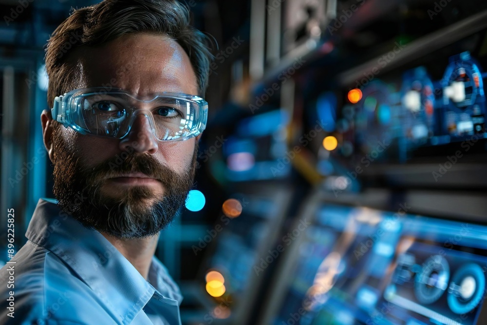 In a futuristic world, a handsome pest control worker with a well-groomed beard and wearing eyeglasses stands proudly in front of his high-tech pest control vehicle equipped In a futuristic world, a handsome pest control worker with a well-groomed beard and wearing eyeglasses stands proudly in front of his high-tech pest control vehicle equipped