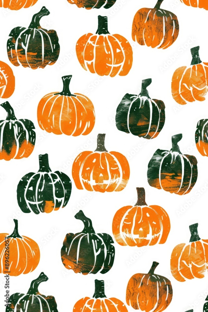 A close-up view of colorful pumpkin designs on a plain white surface A close-up view of colorful pumpkin designs on a plain white surface