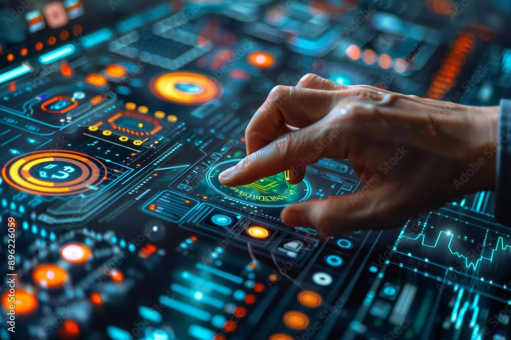 Businessperson's hand using a holographic screen to transfer digital currency to partner over a sleek, futuristic desk. Businessperson's hand using a holographic screen to transfer digital currency to partner over a sleek, futuristic desk.