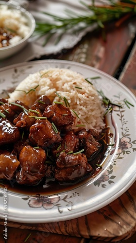 Delicious Filipino Food: Adobo chicken with herbs close-up on a plate on the table. AI generated illustration photo