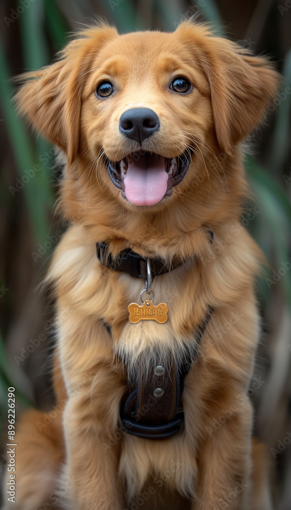 Fototapeta premium Filhote de Golden Retriever Feliz com Colete Guia em Fundo Branco com Luz Natural, IA Generativa