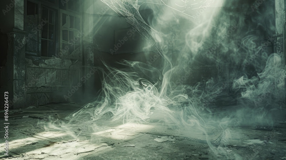 Halloween scene with swirling smoke, rough floor, faint cobwebs, spiders, ghostly apparitions, and soft eerie light creating spooky atmosphere. Smoke cement floor halloween abstract background Halloween scene with swirling smoke, rough floor, faint cobwebs, spiders, ghostly apparitions, and soft eerie light creating spooky atmosphere. Smoke cement floor halloween abstract background