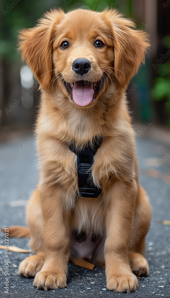 Filhote de Golden Retriever Feliz com Colete Guia em Fundo Branco com Luz Natural, IA Generativa Filhote de Golden Retriever Feliz com Colete Guia em Fundo Branco com Luz Natural, IA Generativa