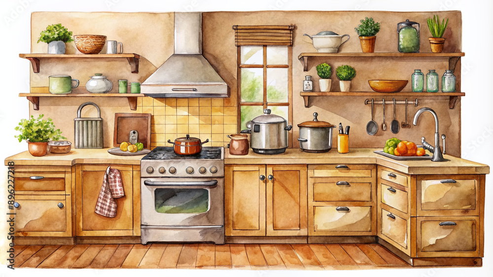 Vibrant watercolor illustration showcasing a cozy kitchen with a collection of appliances including an oven, stove, mixer, food processor, refrigerator, and stand mixer in warm earthy tones. Vibrant watercolor illustration showcasing a cozy kitchen with a collection of appliances including an oven, stove, mixer, food processor, refrigerator, and stand mixer in warm earthy tones.