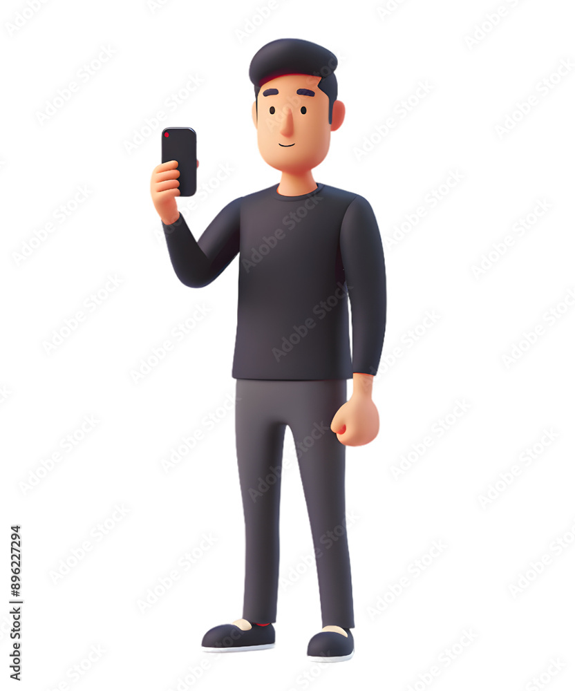 3d cartoon guy character using cell phone and taking a selfie isolated on transparent background 3d cartoon guy character using cell phone and taking a selfie isolated on transparent background