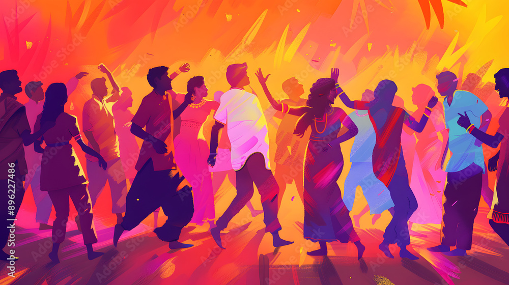 a festival in India, with men and women dancing against a background a festival in India, with men and women dancing against a background