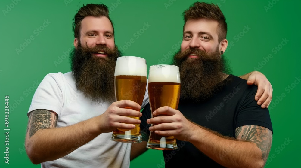 Stylish bearded friends guys celebrating by clinking beer glasses, set against green studio background, smiling to camera Stylish bearded friends guys celebrating by clinking beer glasses, set against green studio background, smiling to camera