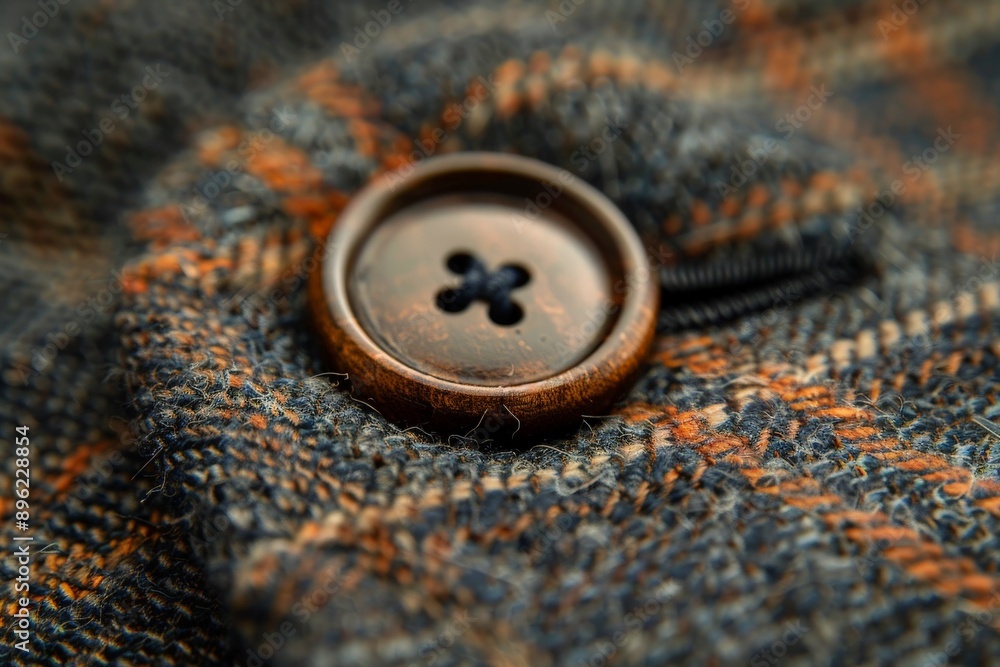 Close-Up of Wooden Button on Wool Fabric Close-Up of Wooden Button on Wool Fabric