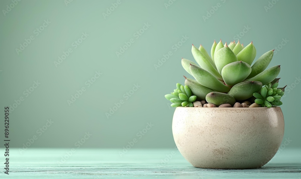 A minimalist image of a green succulent in a beige pot against a pastel green background. A minimalist image of a green succulent in a beige pot against a pastel green background.