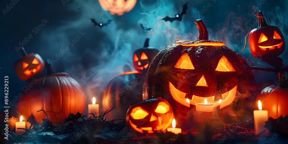 Fototapeta premium Halloween pumpkin head jack lantern with burning candles